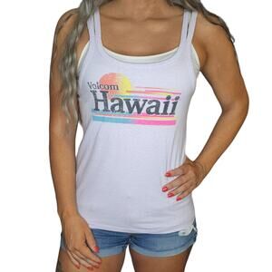 Volcom Tank Top Womens Medium Lilac Lavendar Purple Neon Rainbow Strappy Hawaii